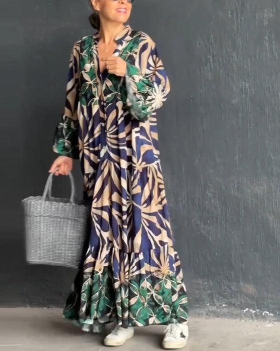 Luźna długa sukienka wakacyjna z nadrukiem