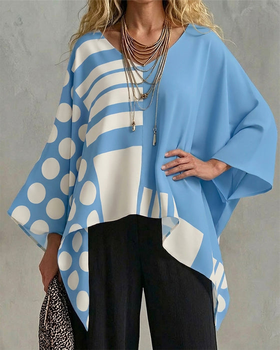 Bluzka Polka Dot Pasek Patchwork V Szyja