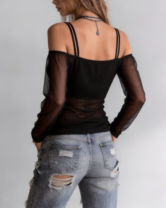 T-Shirt Ramiączko Spaghetti Off-Shoulder Sheer