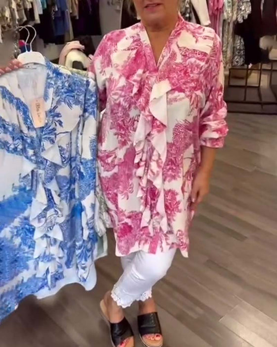 Swobodna bluzka z nadrukiem i falbaną