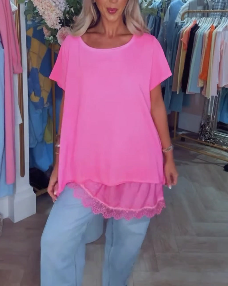 Koszulka Koronka Połączony Krótki Rękaw