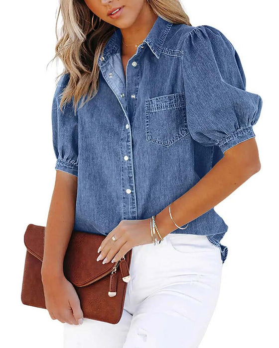 Koszula Zatrzask Denim Rękaw Latarnia Luźna