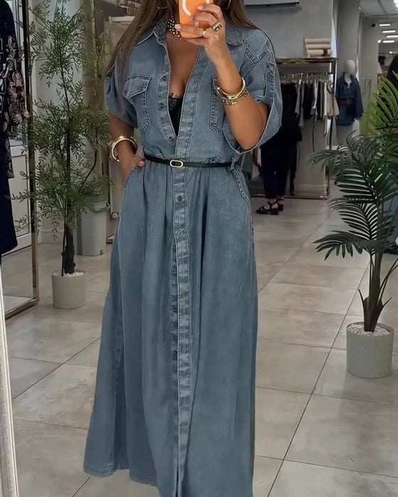 Sukienka Koszula Kołnierz Kieszeń Guzik Denim