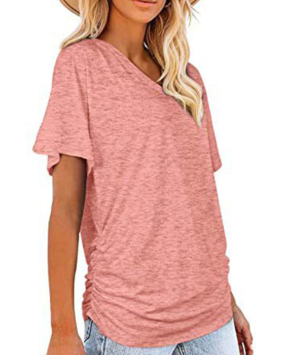 T-Shirt Plisowany Jednokolorowy Dekolt W Serek
