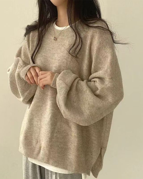 Sweter Okrągły Dekolt Bok Rozcięcie