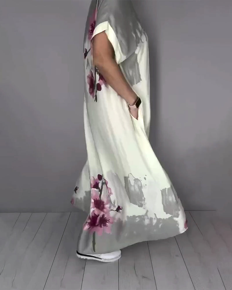 Sukienka Atrament Mycie Kwiat Brzoskwini Dekolt V Maxi