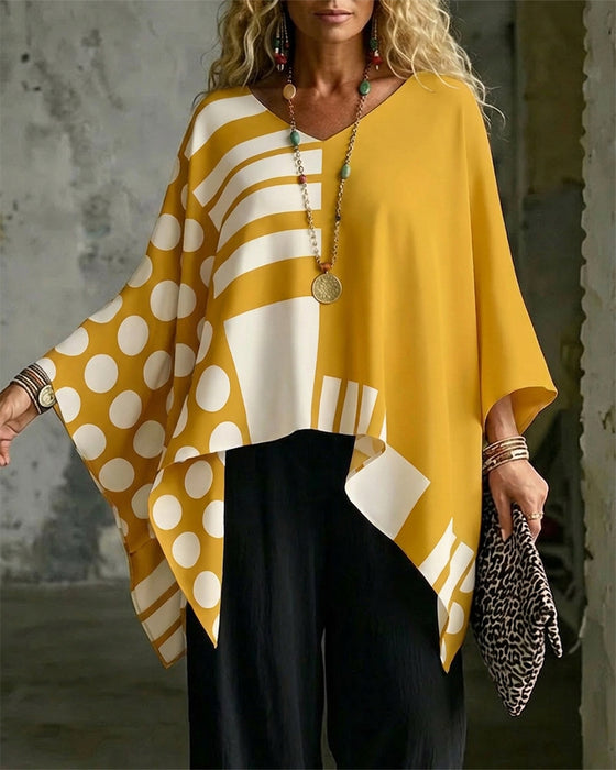 Bluzka Polka Dot Pasek Patchwork V Szyja