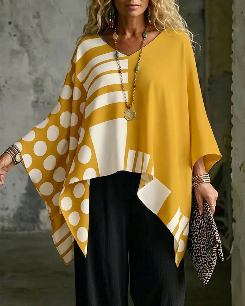 Bluzka Polka Dot Pasek Patchwork V Szyja