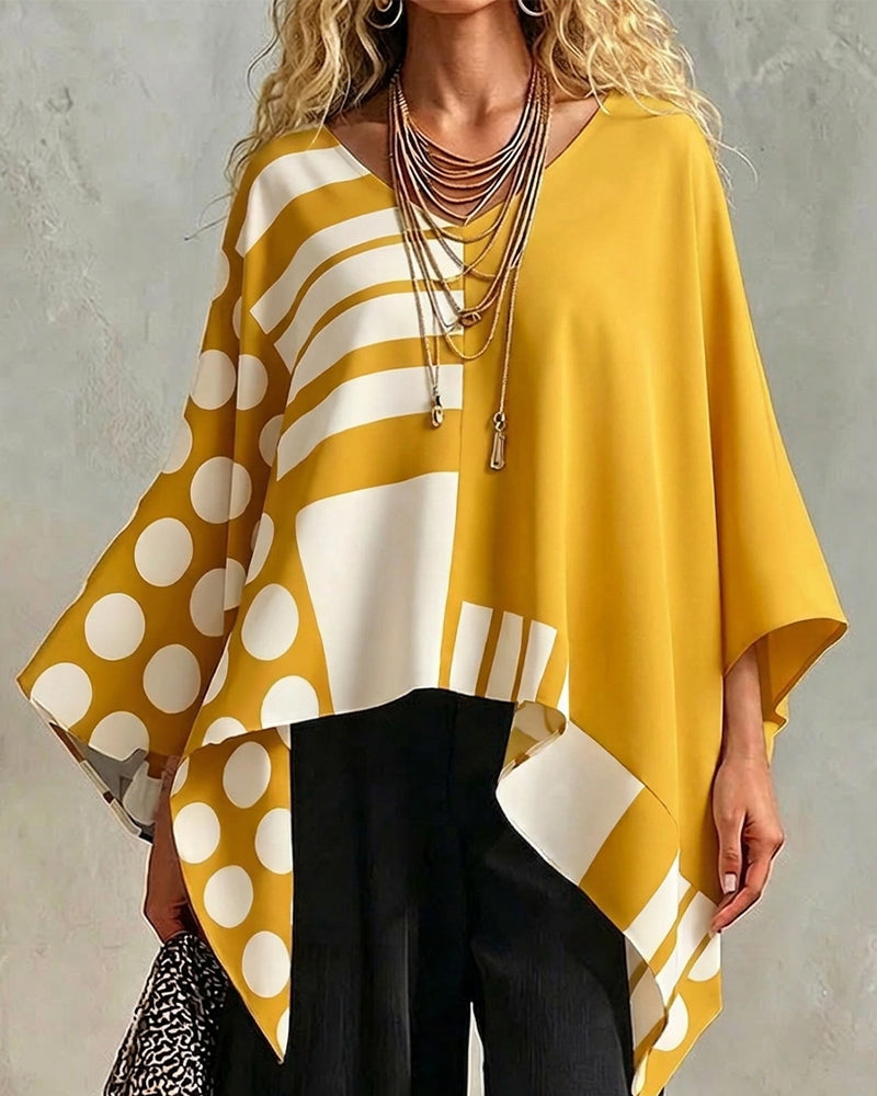 Bluzka Polka Dot Pasek Patchwork V Szyja