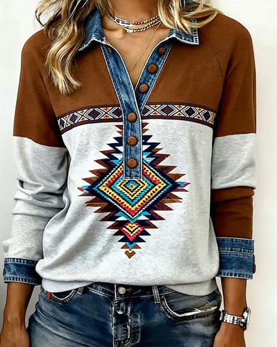 Drukowana Bluza Color-Block Z Zapięciem Na Guziki