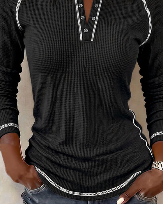 Top Wafel Henley Długi Rękaw