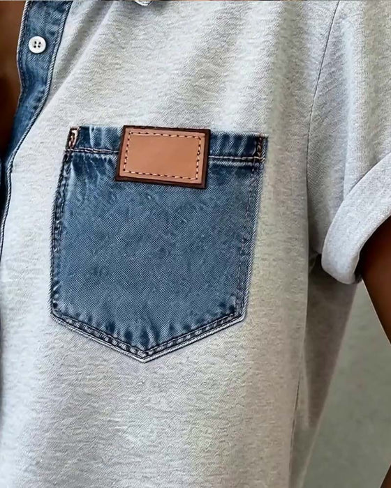 T-Shirt Denim Patchwork Wywijany Kołnierz
