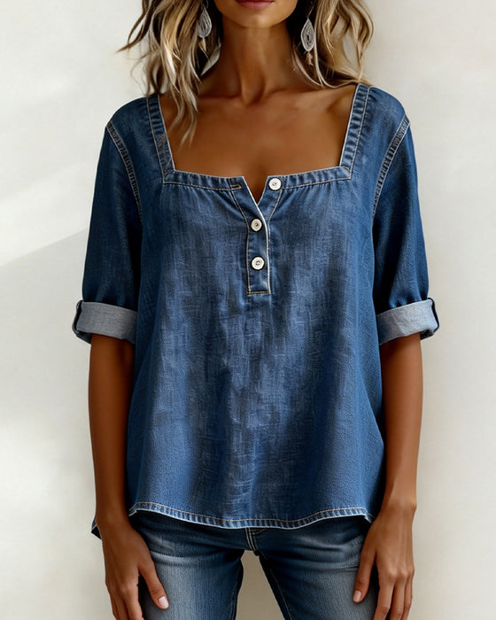 Koszula Kwadratowy Dekolt Denim Pół Rękaw