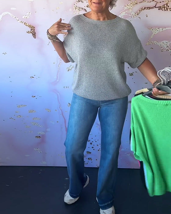 Luźny jednokolorowy swobodny sweter z okrągłym dekoltem