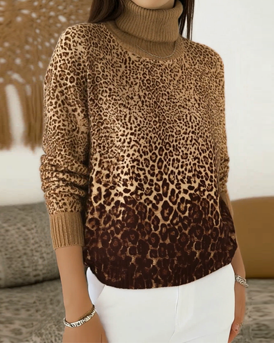 Sweter Print Leopardzi Casual Wysoki Kołnierz