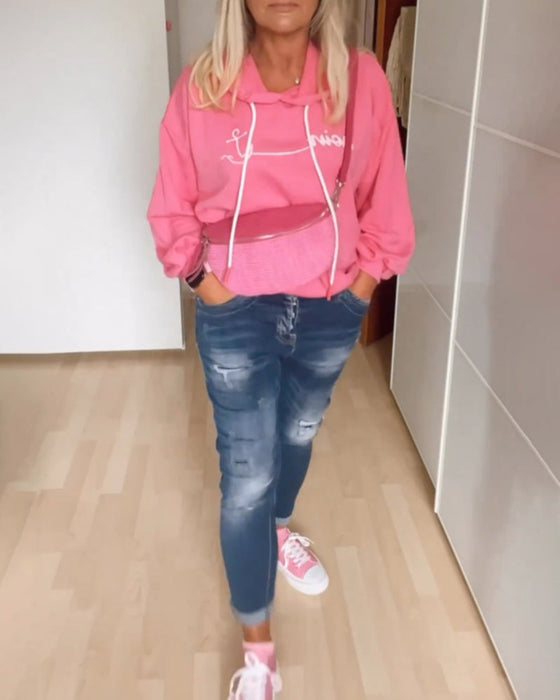 Luźna bluza z kapturem z nadrukiem kotwicy