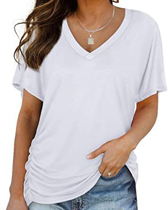 T-Shirt Plisowany Jednokolorowy Dekolt W Serek