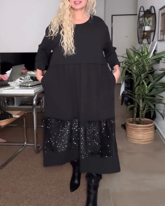 Sukienka Okrągły Dekolt Cekiny Patchwork Luźna