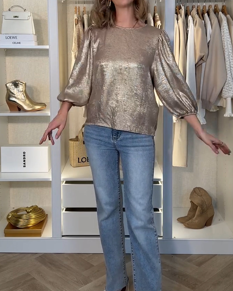 Modna Bluzka Z Bufiastymi Rękawami I Okrągłym Dekoltem