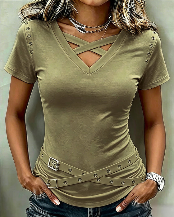 T-Shirt Krzyż Pasek Wyrzynany Slim Krój