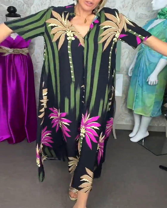 Luźna sukienka z krótkim rękawem i nadrukiem w liście