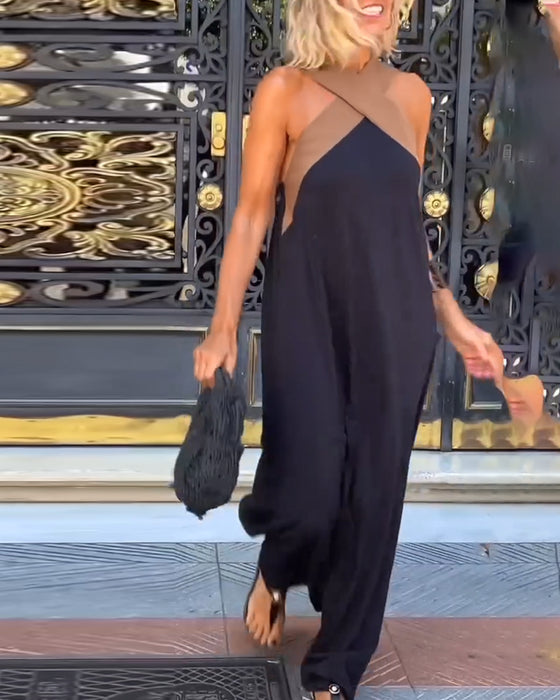 Elegancyjna Sukienka Z Krzyżowym Wycięciem Na Piersi Z Kolorem Kontrastującym