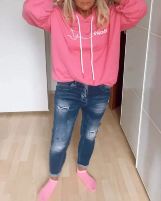 Luźna bluza z kapturem z nadrukiem kotwicy