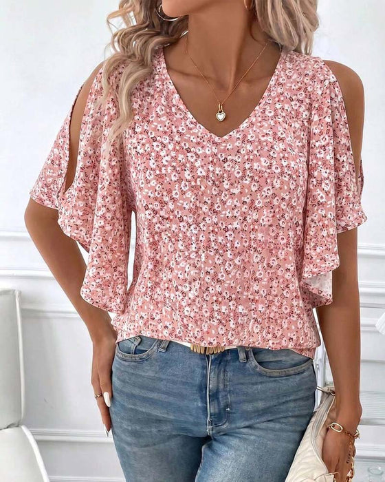 Bluzka V-Szyjka Kwiatowy Off-Shoulder Rękaw Motylkowy