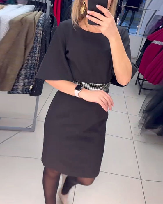 Sukienka Okrągły Dekolt Rozkloszowane Połowa Rękawów Talia