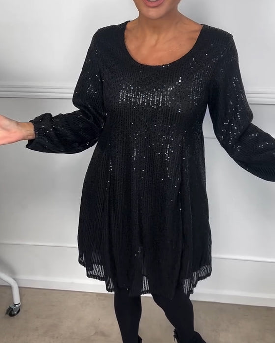 Sukienka elegancka z rękawami typu lampion i cekinami w kształcie litery A