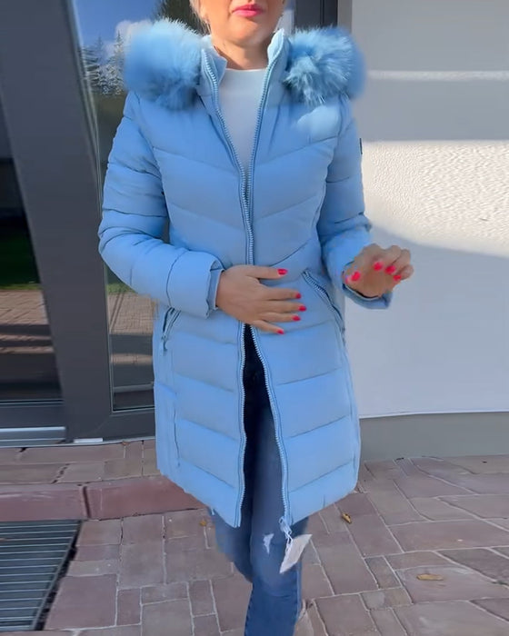 Swobodna jednokolorowa pikowana kurtka z kapturem i kieszenią na zamek