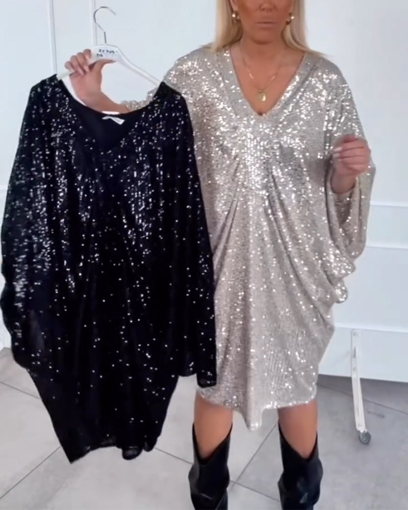 Luźna Sukienka Z Dekoltem W Serek I Rękawami Nietoperz