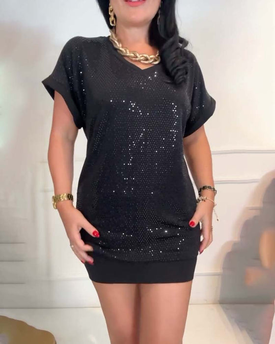 Bluzka Dekolt w Serek Z Cekinami Elegancka