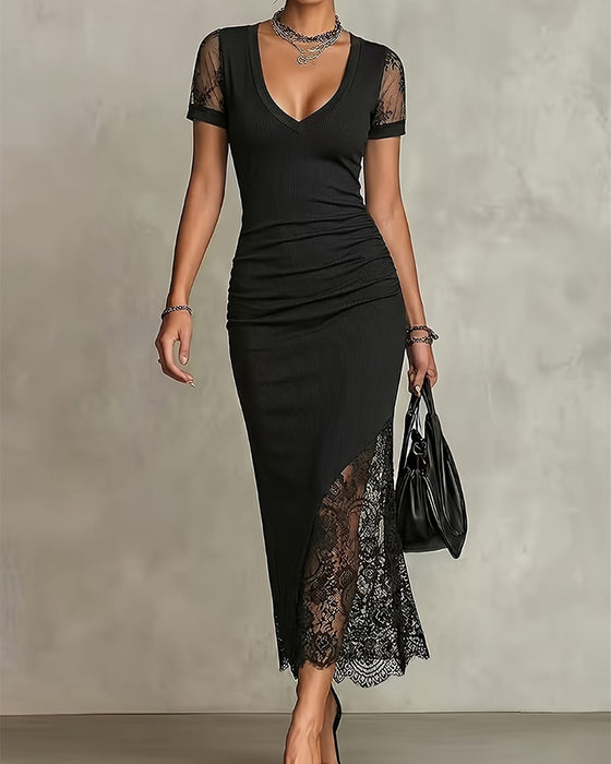 Sukienka V-Neck Koronka Patchwork Talia
