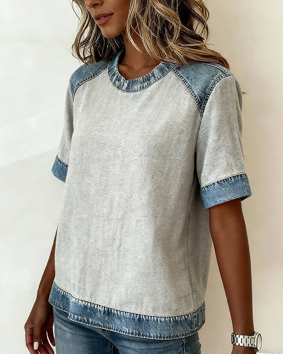 Top Dżinsowy Patchwork Krótki Rękaw