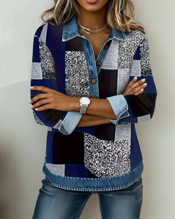 Bluza Dżinsowa Patchwork Print Casual