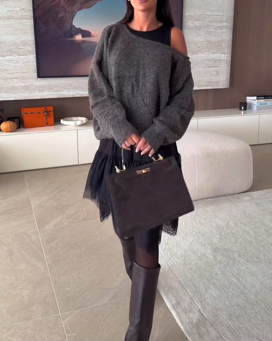 Off-Shoulder Luźny Sweter & Koronka Brzeg Sukienka