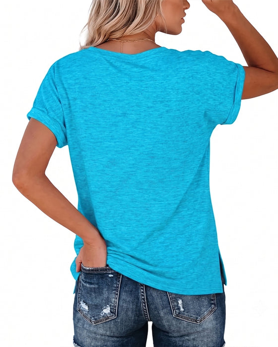 T-Shirt Dekolt W Krótki Rękaw Luźny Swobodny