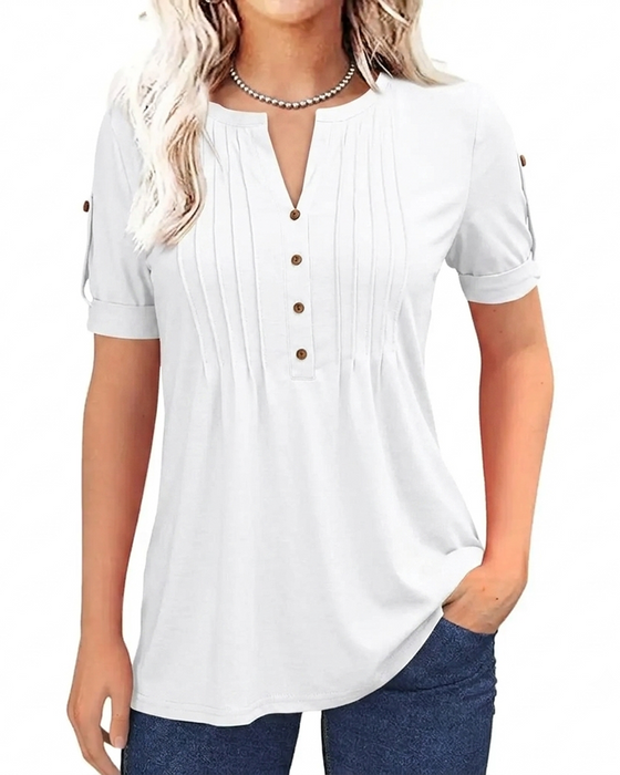 T-Shirt Plisowany Henley Krótki Rękaw