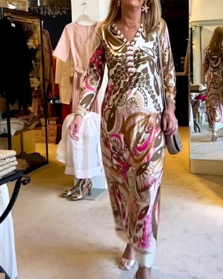 Długa sukienka z dekoltem w kształcie litery V z nadrukiem