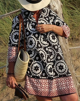 Sukienka Etniczny Styl Rękaw Trzy Czwarte