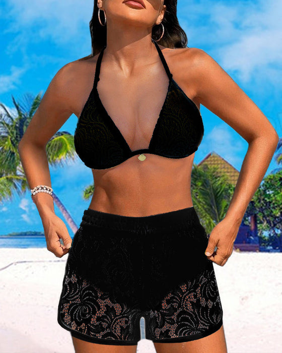 Jednokolorowy strój kąpielowy koronkowy wiązany na szyi