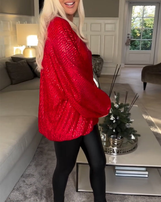 Top z cekinami i okrągłym dekoltem i rękawami typu balon