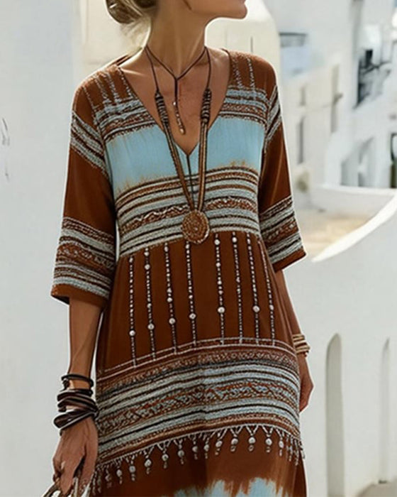 Sukienka Dekolt W Serek Drukowana Styl Boho