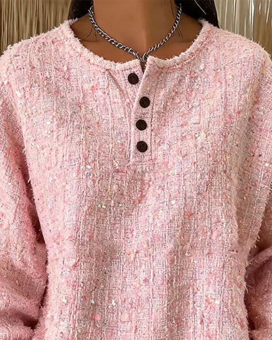 Bluza Tweed Kołnierz Henley Zapięcie Na Guziki