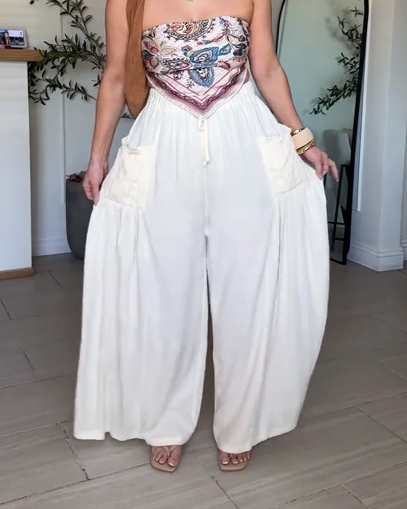 Spodnie Sznurek Plisowana Kieszeń Szeroka Noga