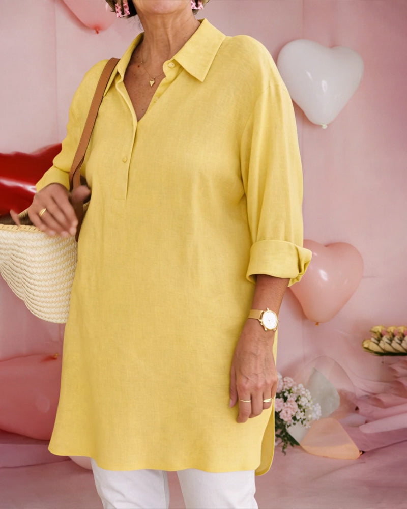 Koszula Jednokolorowa Midi Długość Bawełna-Len