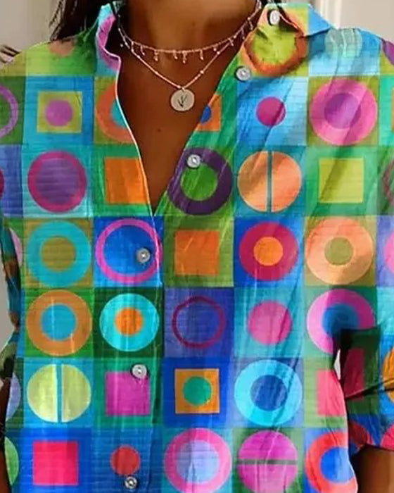 Koszula Kolorowy Geometryczny Wzór Długi Rękaw