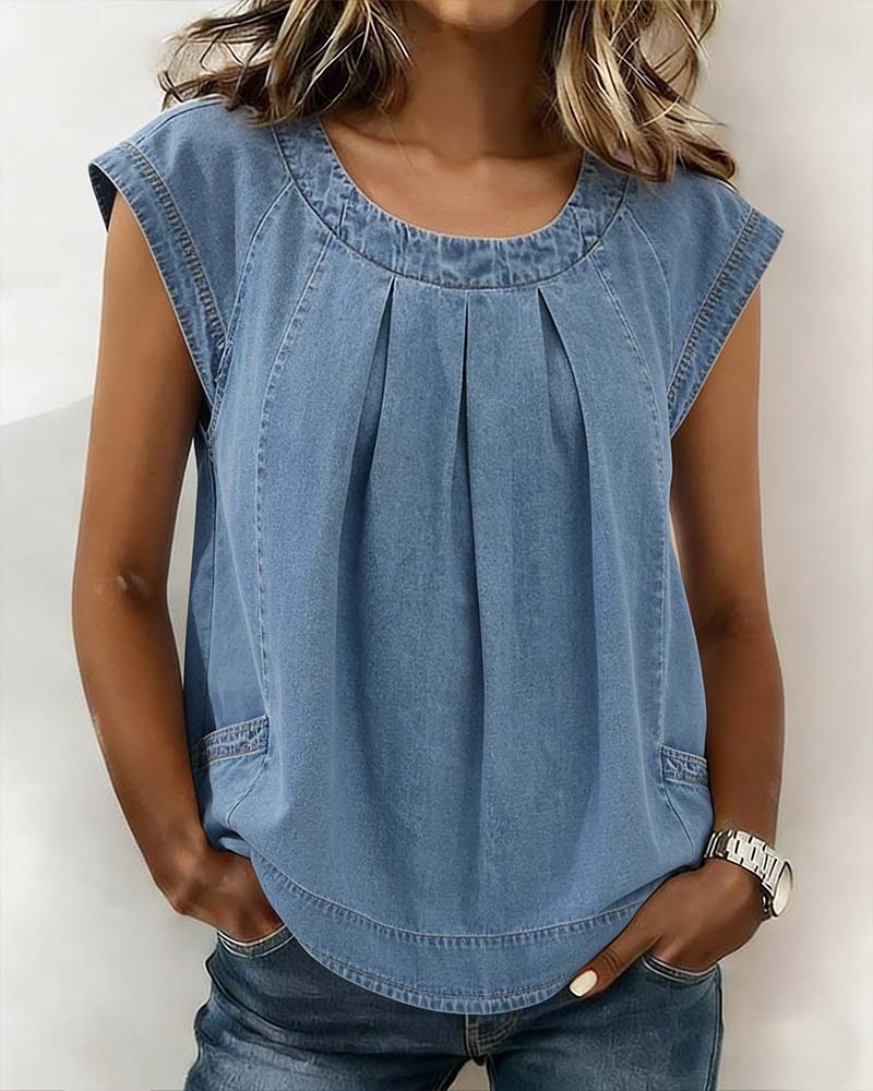 Top Na Ramiączkach Denim Bez Rękawów Plisowany