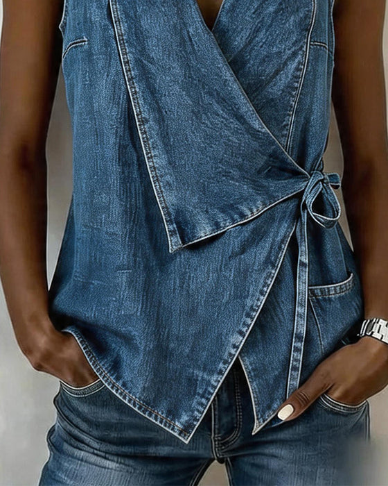 Top Z Vintageowego Denimu Bez Rękawów Wiązany